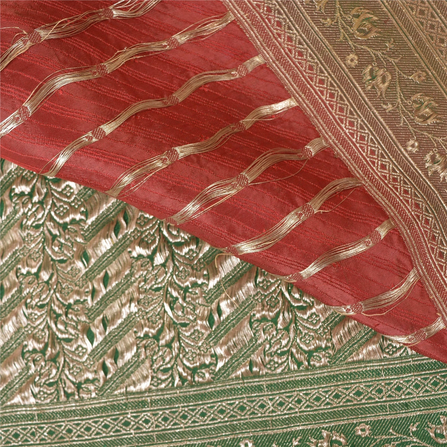 Sanskriti Vintage Heavy Green Sarees Pure Satin Silk Woven Brocade Sari Sustainable Fabric