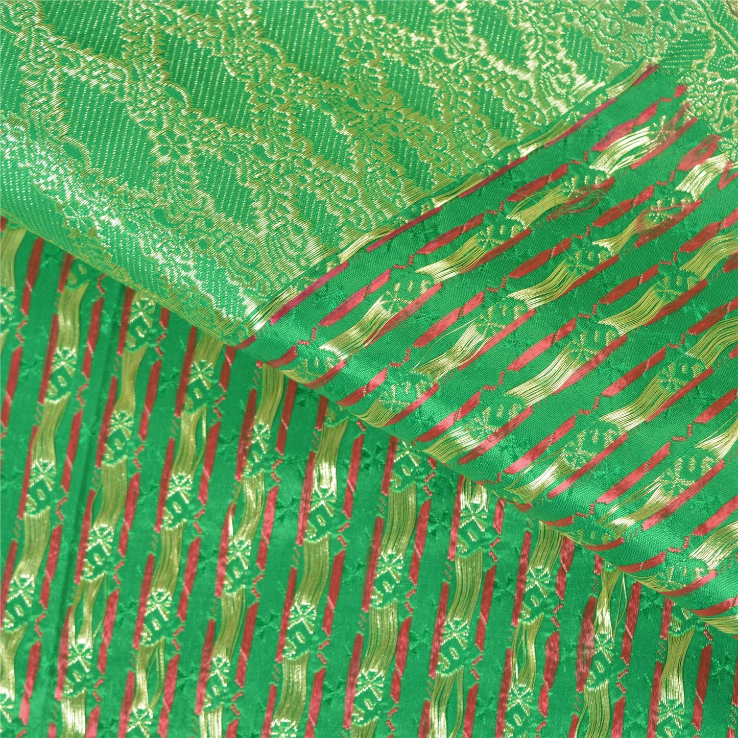 Sanskriti Vintage Heavy Green Sarees Pure Satin Silk Woven Brocade Sari Sustainable Fabric