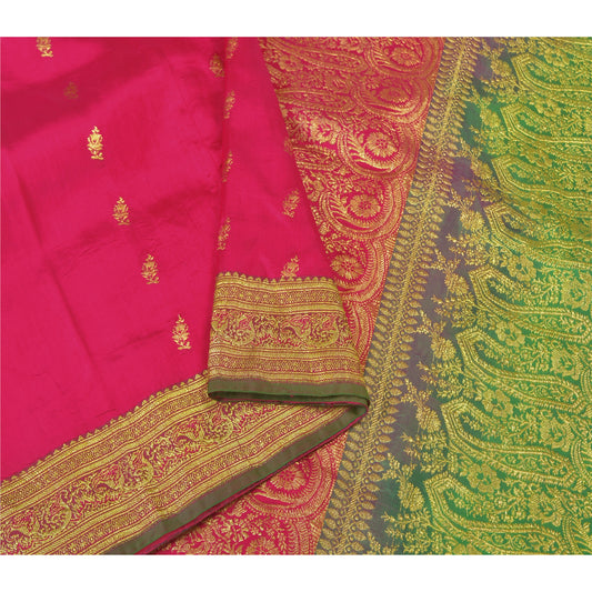 Sanskriti Vintage Pink Heavy Wedding Sarees Blend Silk Woven Brocade Sari Sustainable Fabric