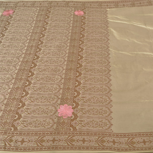 Sanskriti Vintage Heavy Beige Sarees Satin Hand Embroidered Banarasi Woven Sari Sustainable Fabric