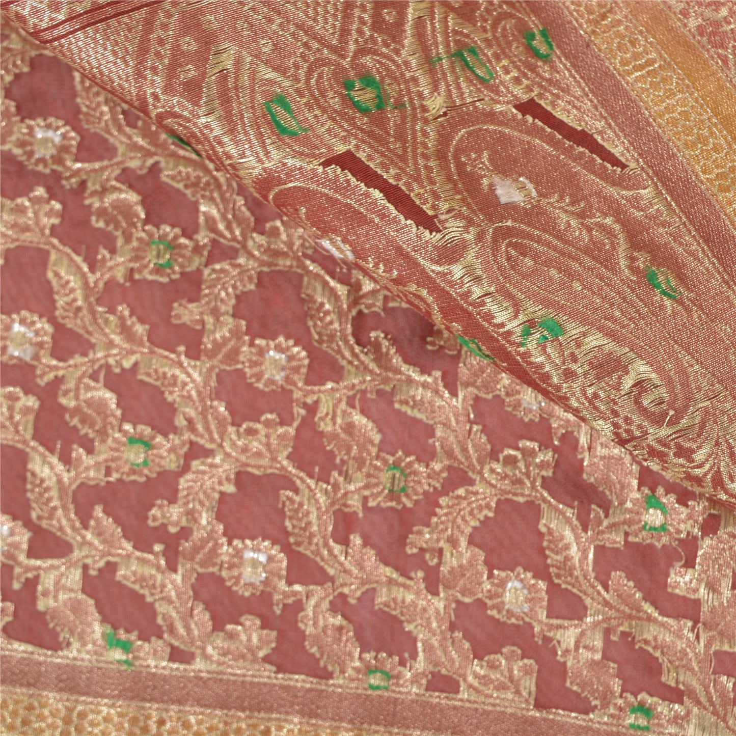 Sanskriti Vintage Red Heavy Wedding Sarees Pure Silk Woven Banarasi Brocade Sari Sustainable Fabric