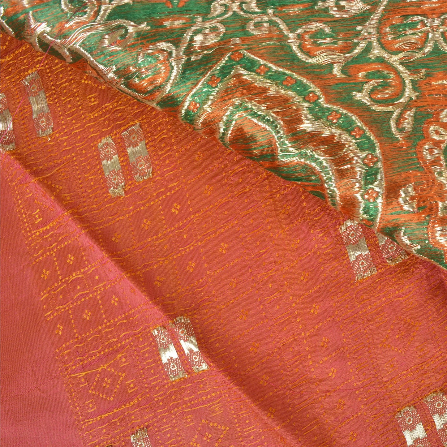 Sanskriti Vintage Heavy Saffron Sarees Pure Satin Silk Woven Brocade Sari Sustainable Fabric