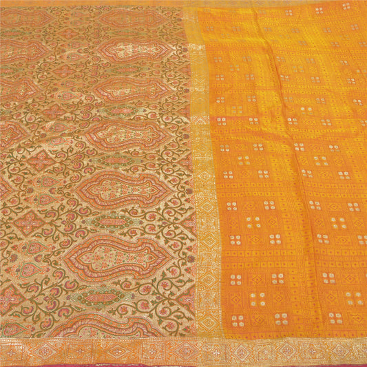 Sanskriti Vintage Heavy Saffron Sarees Pure Satin Silk Woven Brocade Sari Sustainable Fabric