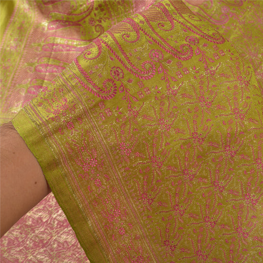 Sanskriti Vintage Heavy Green Sarees Pure Satin Silk Woven Brocade Sari Sustainable Fabric