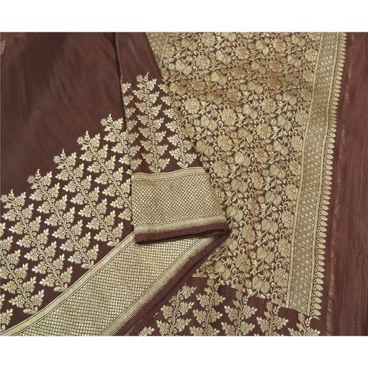Sanskriti Vintage Heavy Sarees Brown Pure Satin Silk Woven Brocade Sari Sustainable Fabric