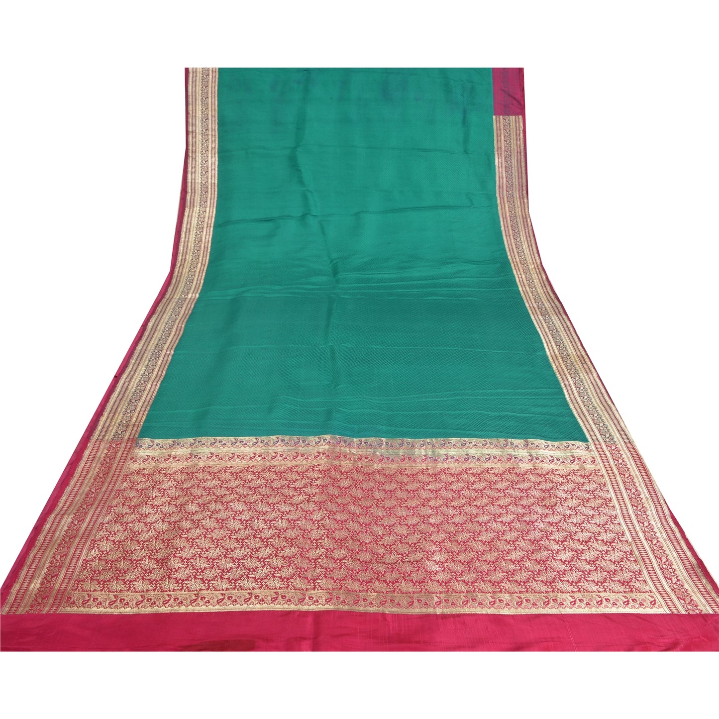 Sanskriti Vintage Heavy Green Sarees Pure Satin Silk Woven Brocade Sari Sustainable Fabric