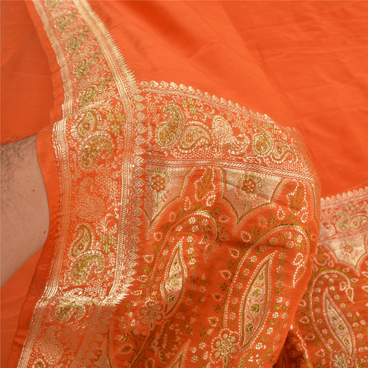 Sanskriti Vintage Orange Heavy Party Sarees Pure Silk Woven Brocade Sari Sustainable Fabric
