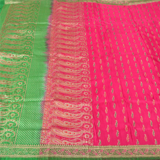 Sanskriti Vintage Pink Heavy Sarees Pure Satin Silk Woven Brocade Sari Sustainable Fabric