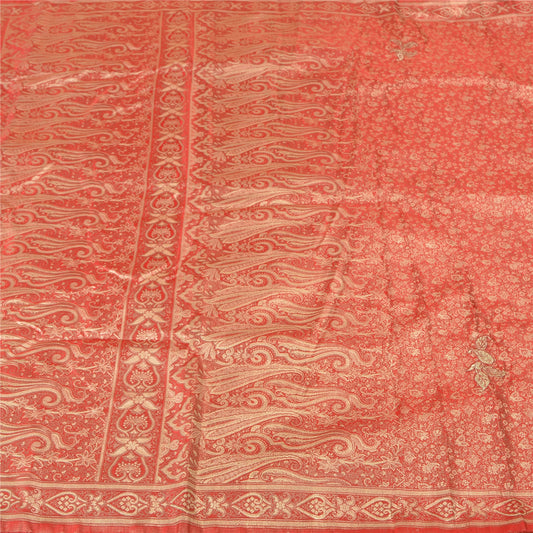 Sanskriti Vintage Red Heavy Wedding Sarees Pure Satin Silk Woven Sari Sustainable Fabric