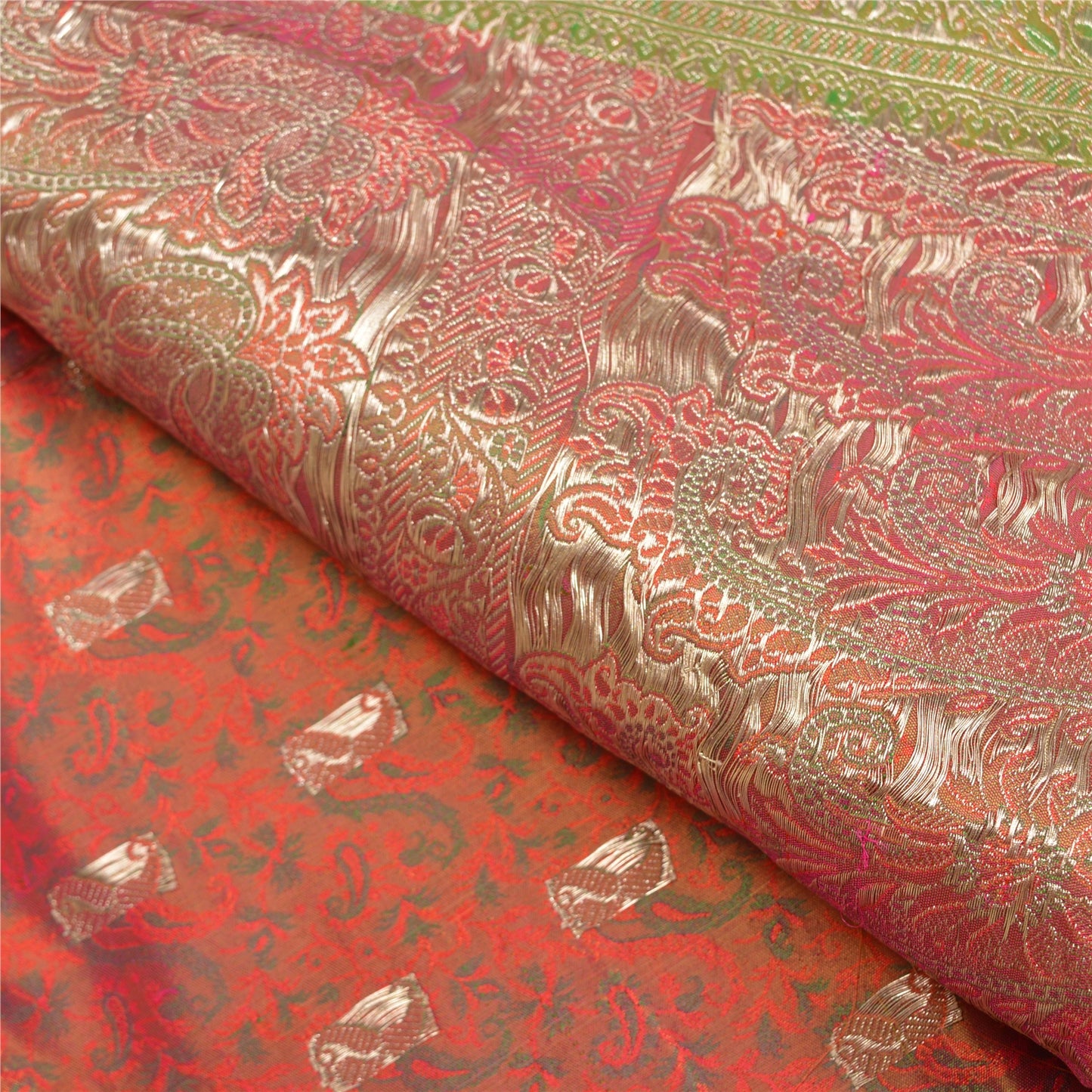 Sanskriti Vintage Pink Heavy Sarees Pure Satin Silk Woven Brocade Sari Sustainable Fabric