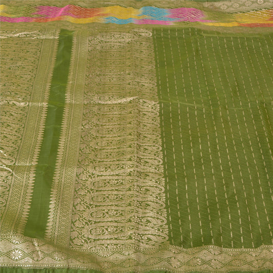 Sanskriti Vintage Green Heavy Sarees Pure Satin Silk Woven Brocade Sari Sustainable Fabric