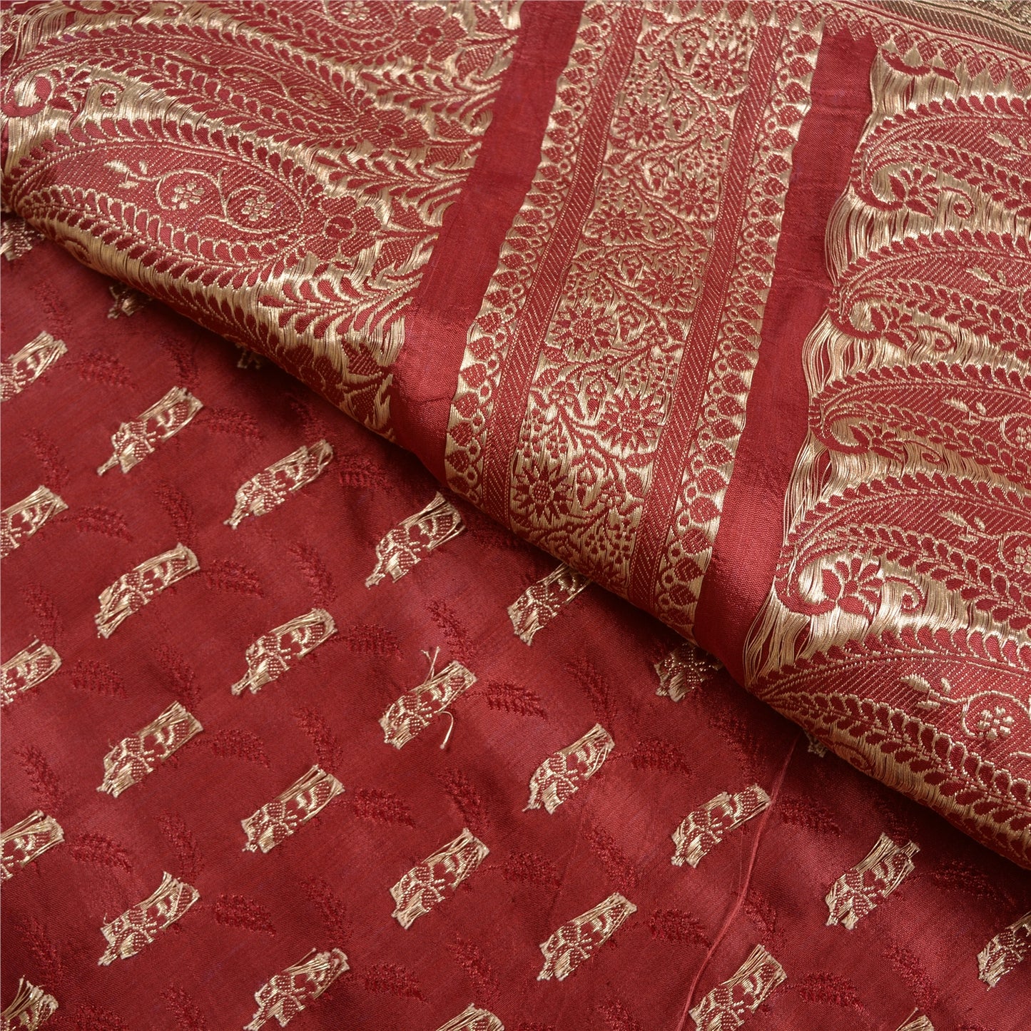 Sanskriti Vintage Dark Red Sarees Pure Satin Silk Brocade/Banarasi Sari Sustainable Fabric