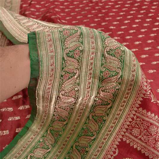 Sanskriti Vintage Dark Red Sarees Pure Satin Silk Brocade/Banarasi Sari Sustainable Fabric