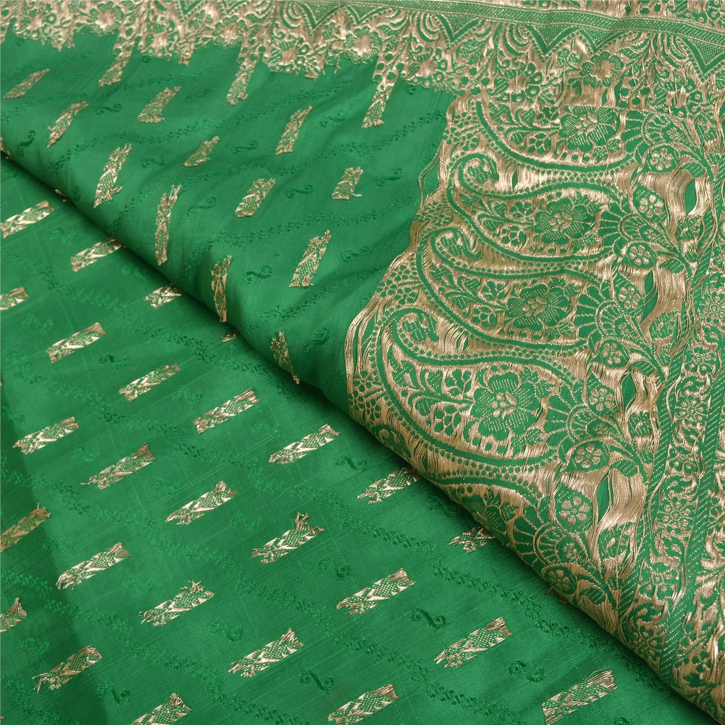 Sanskriti Vintage Green Heavy Sarees Pure Satin Silk Woven Brocade Sari Sustainable Fabric