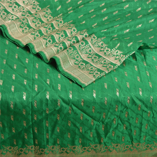 Sanskriti Vintage Green Heavy Sarees Pure Satin Silk Woven Brocade Sari Sustainable Fabric