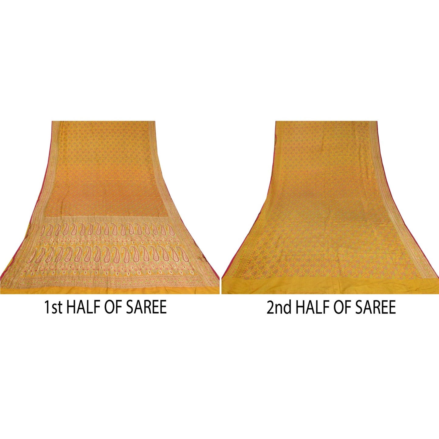 Sanskriti Vintage Saffron Sarees Pure Satin Woven Brocade/Banarasi Sari Sustainable Fabric