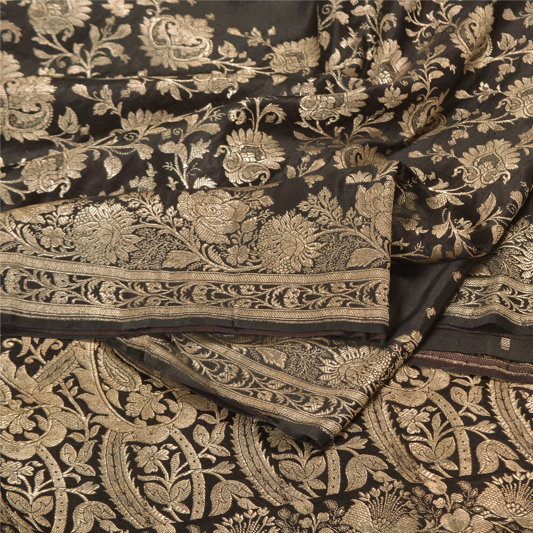 Sanskriti Vintage Dark Brown Sarees Pure Satin Brocade/Banarasi Zari Sari Fabric