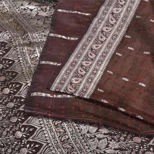 Sanskriti Vintage Brown Sarees Pure Satin Woven Brocade/Banarasi Sari Sustainable Fabric