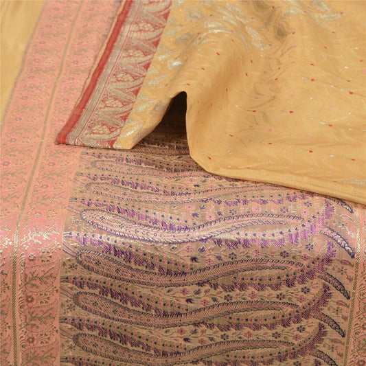 Sanskriti Vintage Peach/Pink Sarees Pure Satin Silk Brocade/Banarasi Sari Sustainable Fabric