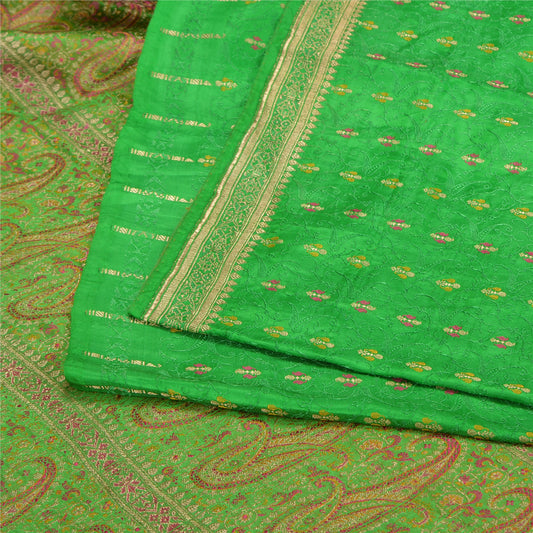 Sanskriti Vintage Green Sarees Pure Satin Silk Brocade/Banarasi Zari Sari Sustainable Fabric
