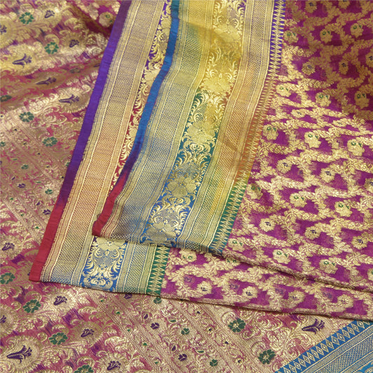Sanskriti Vintage Pink Sarees Pure Silk Woven Brocade/Banarasi Zari Sari Sustainable Fabric