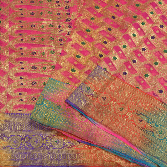 Sanskriti Vintage Pink Sarees Pure Silk Woven Brocade/Banarasi Zari Sari Sustainable Fabric
