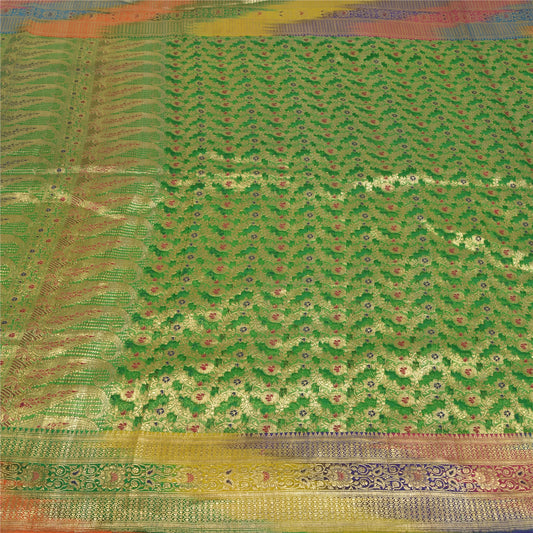 Sanskriti Vintage Green Sarees Pure Silk Woven Brocade/Banarasi Zari Sari Sustainable Fabric