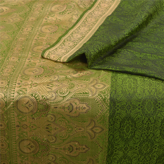 Sanskriti Vintage Green Indian Sarees Pure Satin Silk Woven Sari Yard Sustainable Fabric