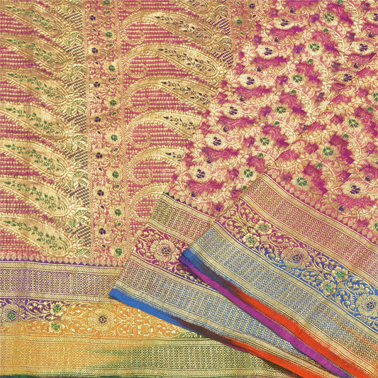 Sanskriti Vintage Pink Sarees Pure Silk Woven Brocade/Banarasi Zari Sari Sustainable Fabric
