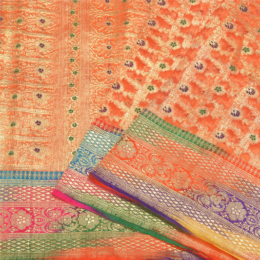 Sanskriti Vintage Orange Sarees Pure Silk Woven Brocade/Banarasi Sari Sustainable Fabric