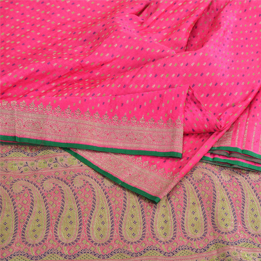 Sanskriti Vintage Hot Pink Sarees Pure Satin Silk Brocade/Banarasi Sari Sustainable Fabric