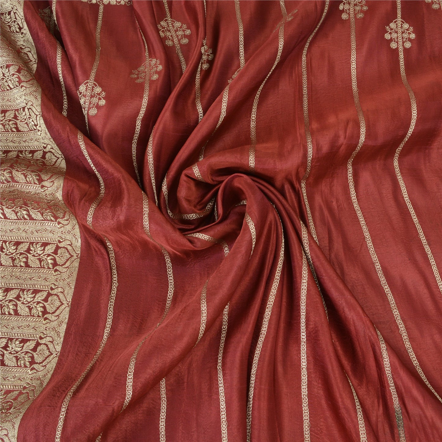 Sanskriti Vintage Dark Red Sarees Pure Satin Silk Brocade/Banarasi Sari Sustainable Fabric