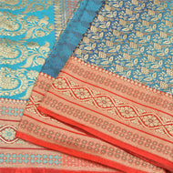 Sanskriti Vintage Blue/Red Sarees Pure Satin Silk Woven Brocade Sari Fabric