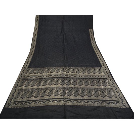 Sanskriti Vintage Black Sarees Pure Satin Zari Woven Brocade/Banarasi Sari Sustainable Fabric