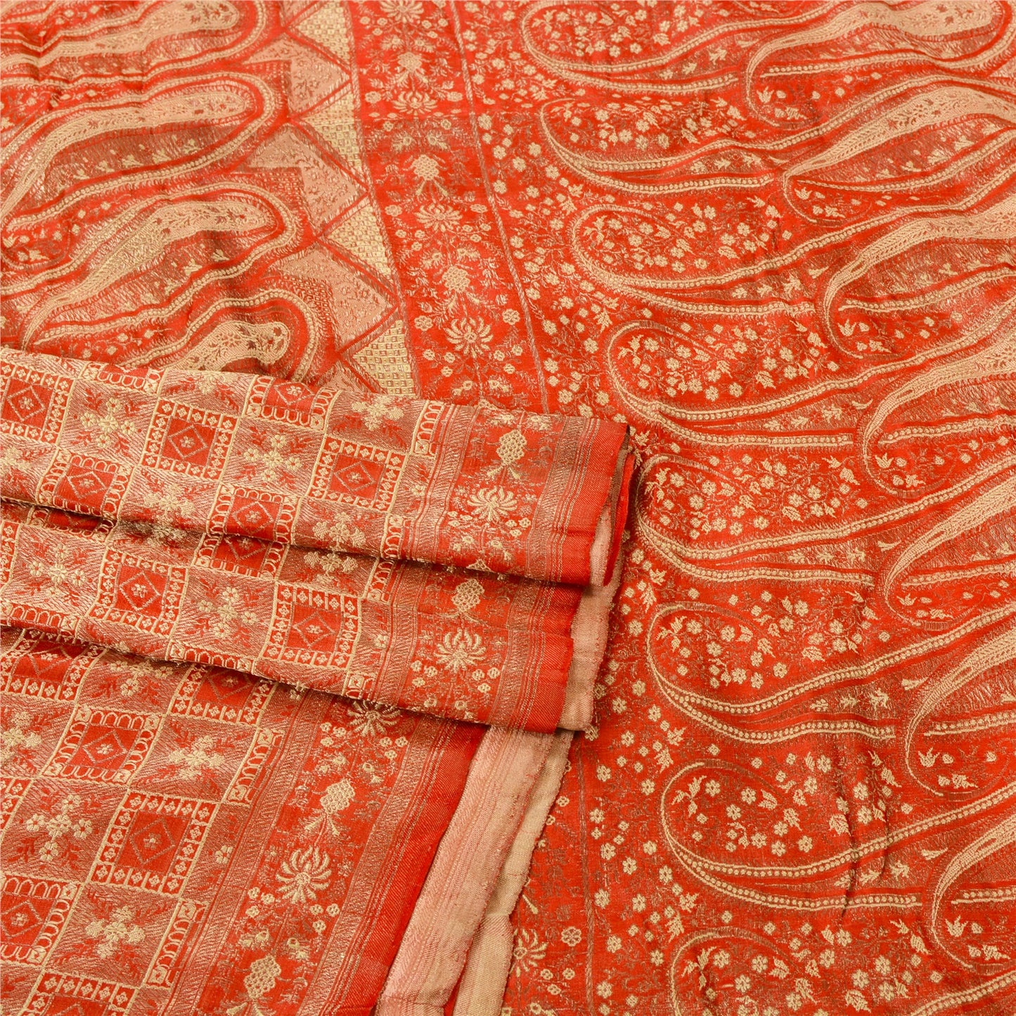 Sanskriti Vintage Red Heavy Saree 100% Pure Satin Silk Woven Sustainable Fabric Ethnic Sari