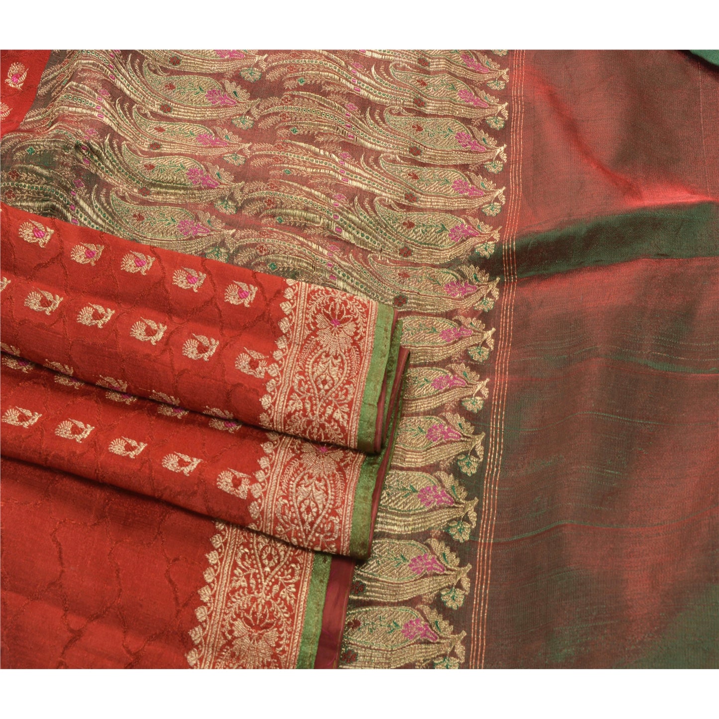 Sanskriti Vintage Red Heavy Saree Art Silk Banarasi Brocade Woven Sustainable Fabric Sari
