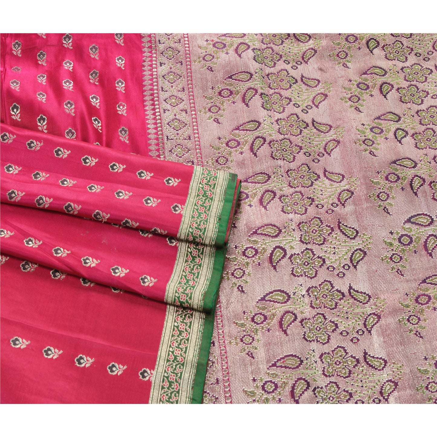 Sanskriti Vintage Pink Heavy Saree Pure Satin Silk Banarasi Brocade Sustainable Fabric Sari