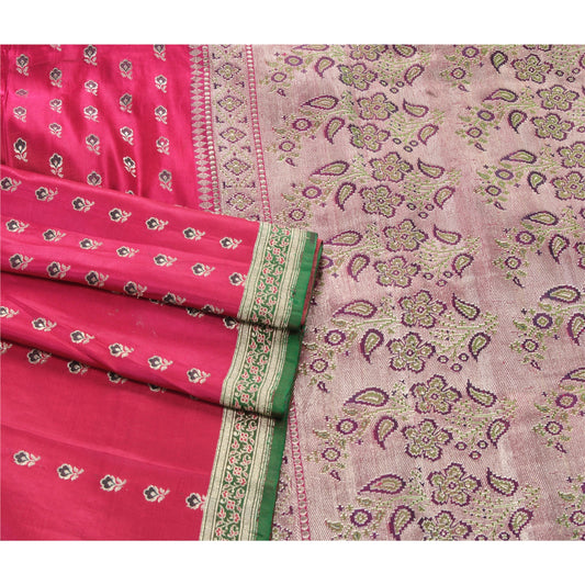 Sanskriti Vintage Sarees 100% Pure Satin Silk Brocade Pink Indian Wedding Sarees Woven Banarasi Zari Hand Woven Craft 5 Yard Fabric Sari