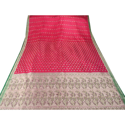 Sanskriti Vintage Pink Heavy Saree Pure Satin Silk Banarasi Brocade Sustainable Fabric Sari