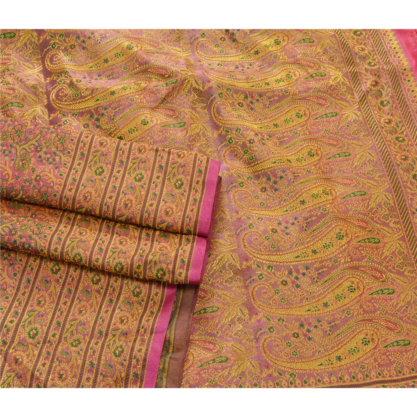 Sanskriti Vintage Pink Heavy Saree Woven Banarasi Brocade Pure Silk Craft 5 Yd Sustainable Fabric Sari