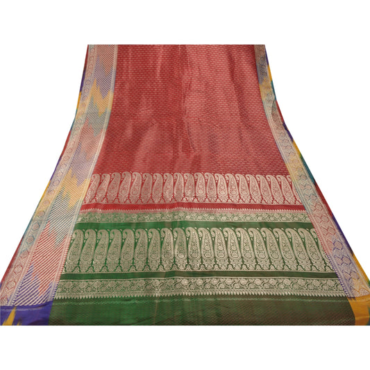 Sanskriti Vintage Red Heavy Saree Pure Satin Silk Banarasi Brocade Sustainable Fabric Sari
