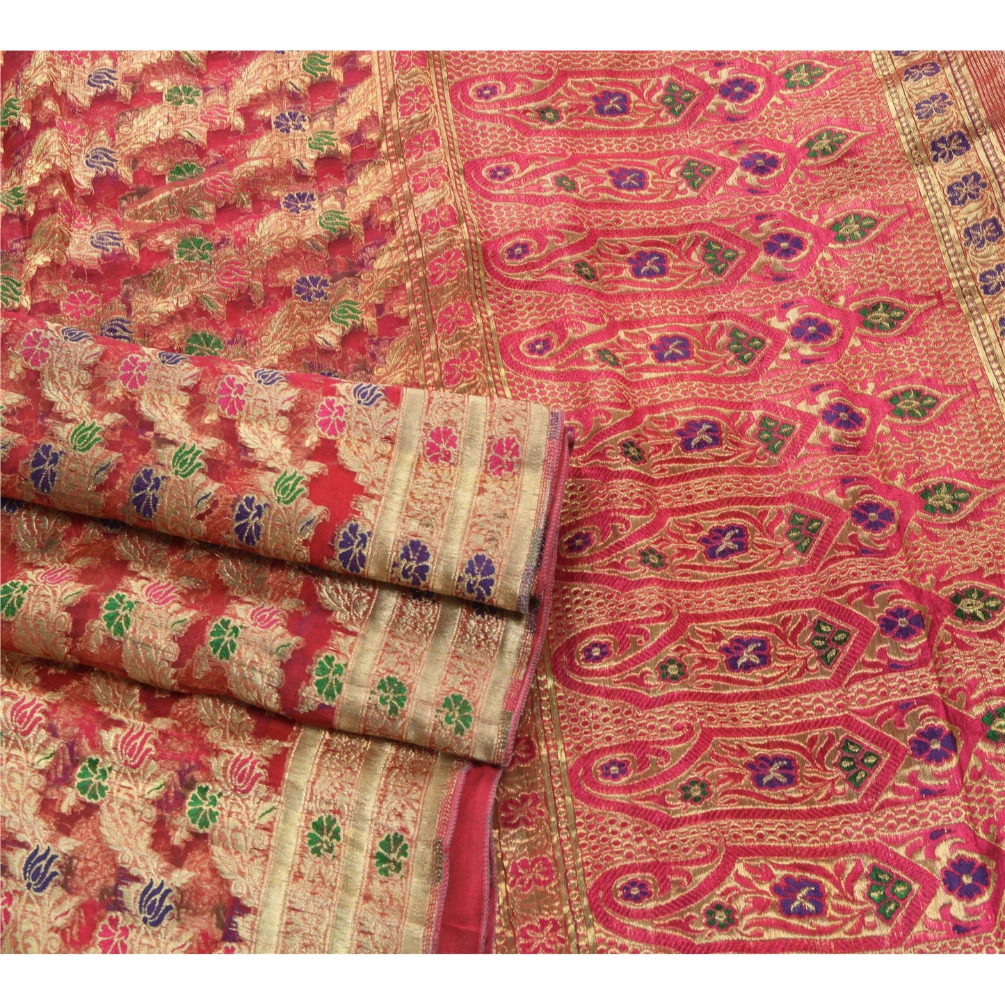 Sanskriti Vintage Heavy Saree Pure Organza Silk Banarasi Brocade 5Yd Sustainable Fabric Sari