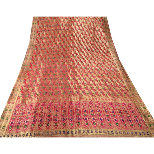 Sanskriti Vintage Heavy Saree Pure Organza Silk Banarasi Brocade 5Yd Sustainable Fabric Sari
