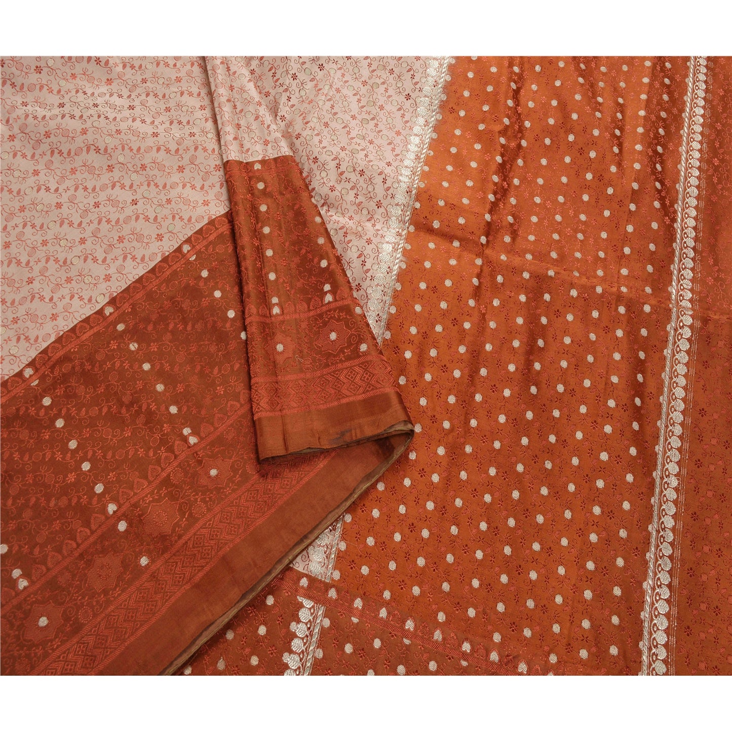 Sanskriti Vintage Peach Heavy Saree Pure Satin Silk Banarasi Brocade Sustainable Fabric Sari