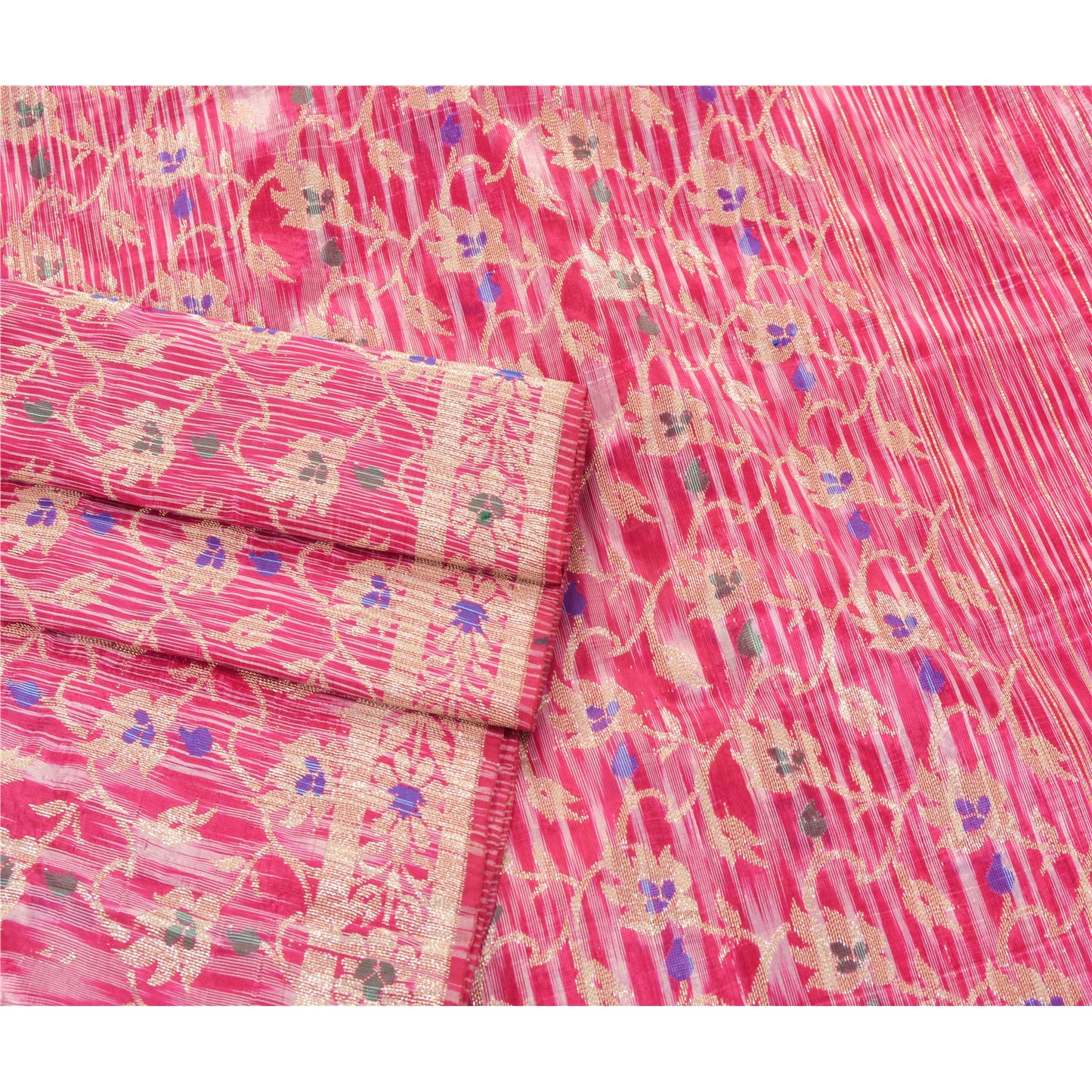 Sanskriti Vintage Pink Tung Sari Kunstsilke Vævet Vævet Bæredygtigt Stof Blomsterhåndværk Sari