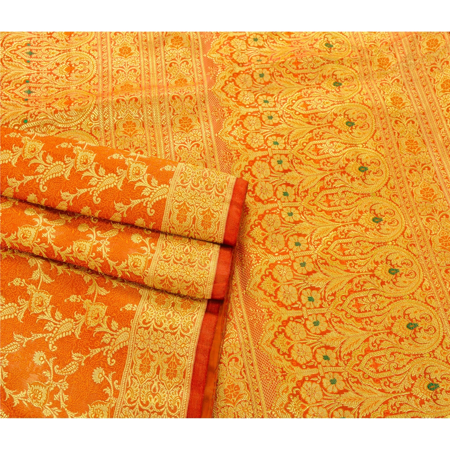 Sanskriti Vintage Orange Heavy Saree Art Silk Brocade Banarasi Woven Craft 5Yd Fabric Ethnic Sari