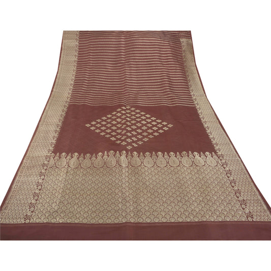 Sanskriti Vintage Brown Heavy Saree Pure Satin Silk Banarasi Brocade Sustainable Fabric Sari