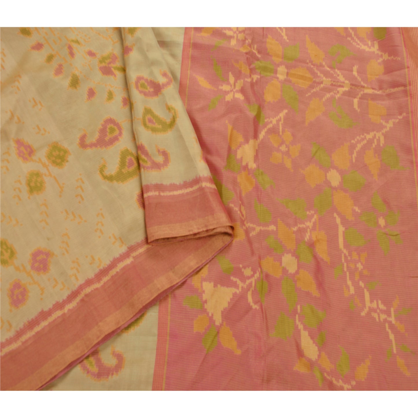 Sanskriti Vintage Cream Heavy Saree 100% Pure Silk Banarasi Woven Sari Craft 5 Yd Sustainable Fabric