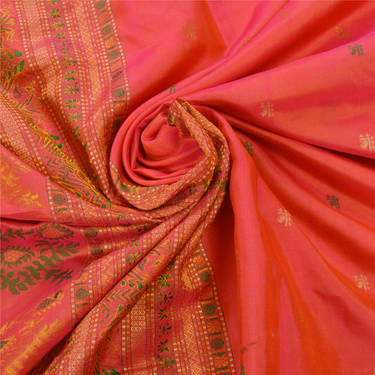 Sanskriti Vintage Peach Heavy Sarees 100% Pure Silk Banarasi Woven Sustainable Fabric Craft Zari Sari