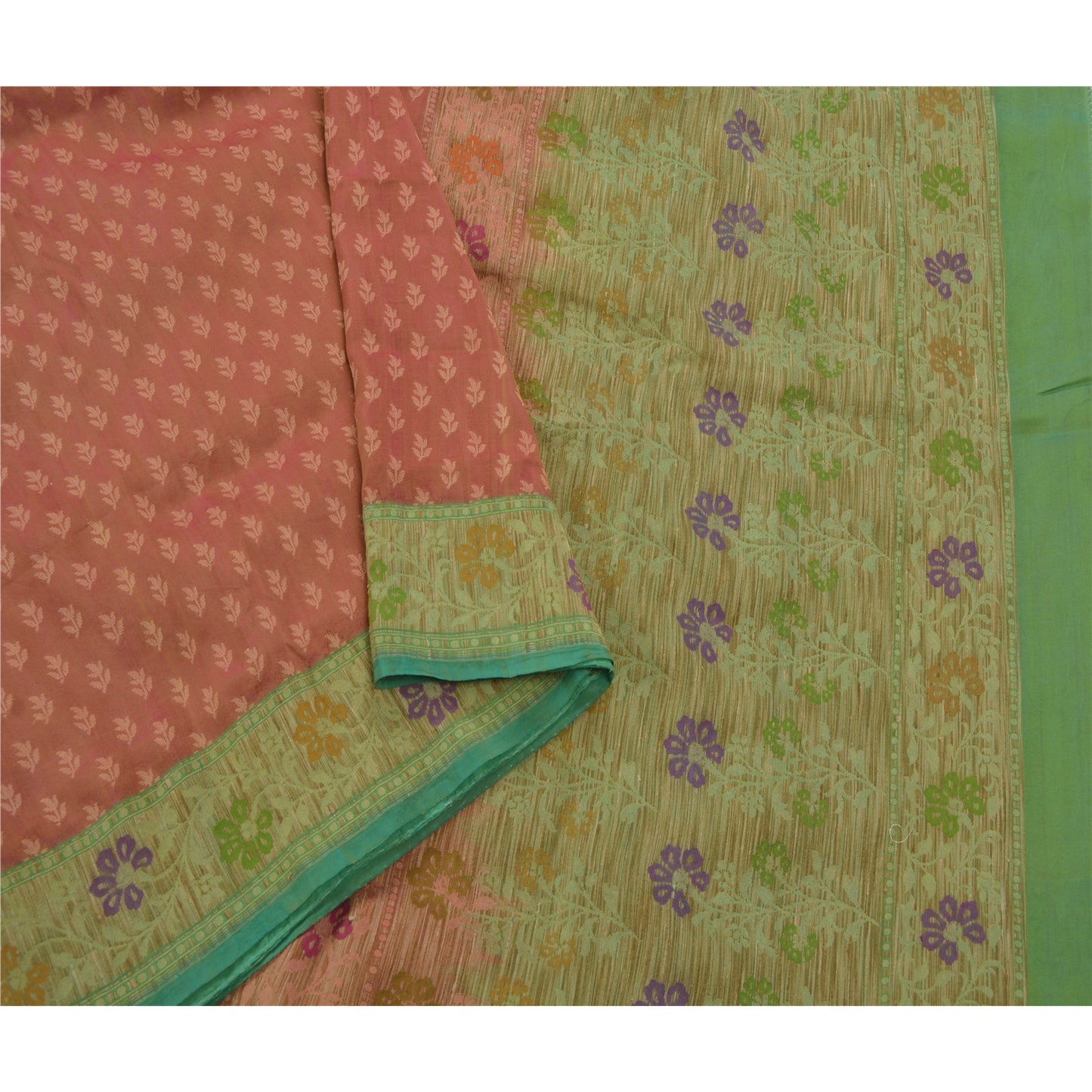 Sanskriti Vintage Peach Heavy Saree Blend Silk Banarasi Woven Sari Craft Floral Sustainable Fabric